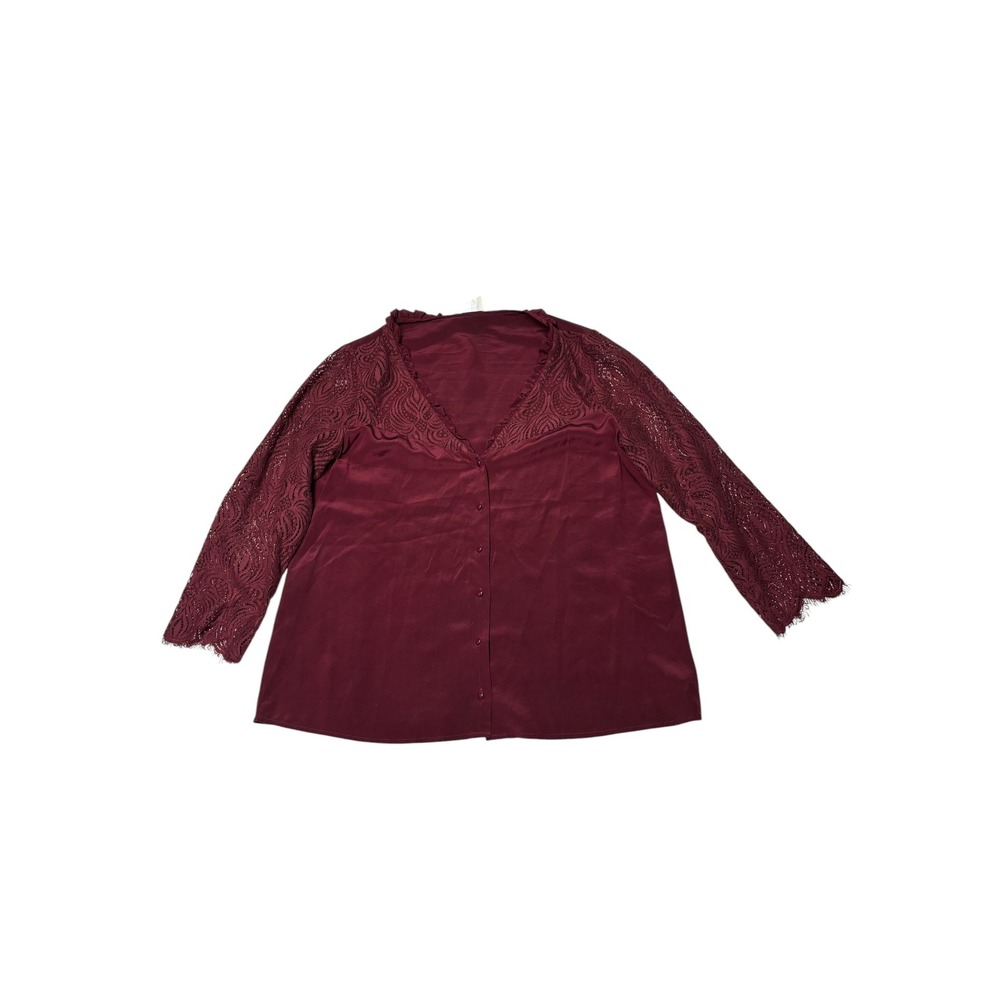 Sezane Burgundy 100% Silk Lace Sleeve Button Front Blouse Top Women Size 36 US 4
